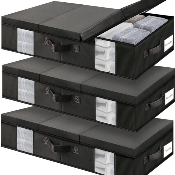 Underbed Storage Containers 3 Pack, Large Under Bed Storage Bins with Lids, Foldable Under the Bed Storage Drawer for Organizing Clothes, Shoes, Blankets, Pillows-PEVA Waterproof Material