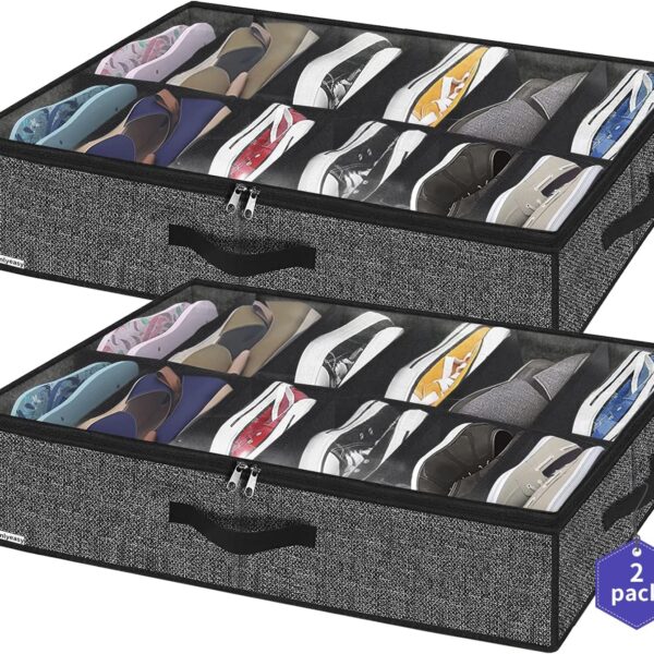 Onlyeasy Sturdy Under Bed Shoe Storage Organizer, Set of 2, Fit 12 to 24 Pairs, Underbed Shoes Closet Storage Solution with Clear Window, Breathable, L29.3 x W23.6 x H5.9, Linen-like Black, MXAUBSB2P