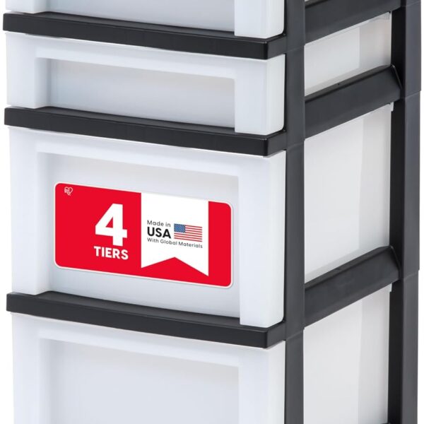 IRIS USA 4-Drawer Rolling Storage Cart with Organizer Top, Black/Pearl | Keep craft supplies, office essentials, classroom items, and accessories organized with easy-access drawers for daily use