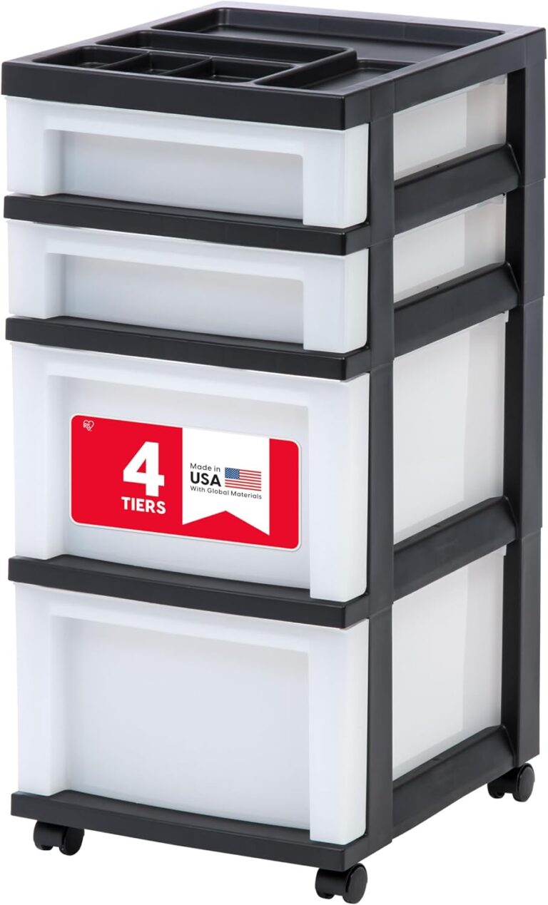 IRIS USA 4-Drawer Rolling Storage Cart with Organizer Top, Black/Pearl | Keep craft supplies, office essentials, classroom items, and accessories organized with easy-access drawers for daily use