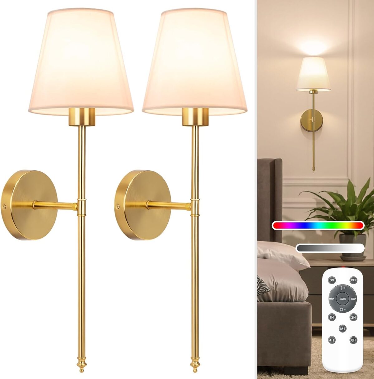 NIORSUN Battery Operated Wall Sconce Set of 2,Gold Rechargeable Wall Lights with 5200mAh Dimmable Bulbs and Remote,10 Colors Wireless Wall Lamps for Bedroom Living Room Hallway Decor - Image 1