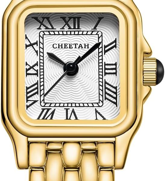 Gold Watches for Women with Small Vintage Bracelet, Rectangular Case Roman Dial