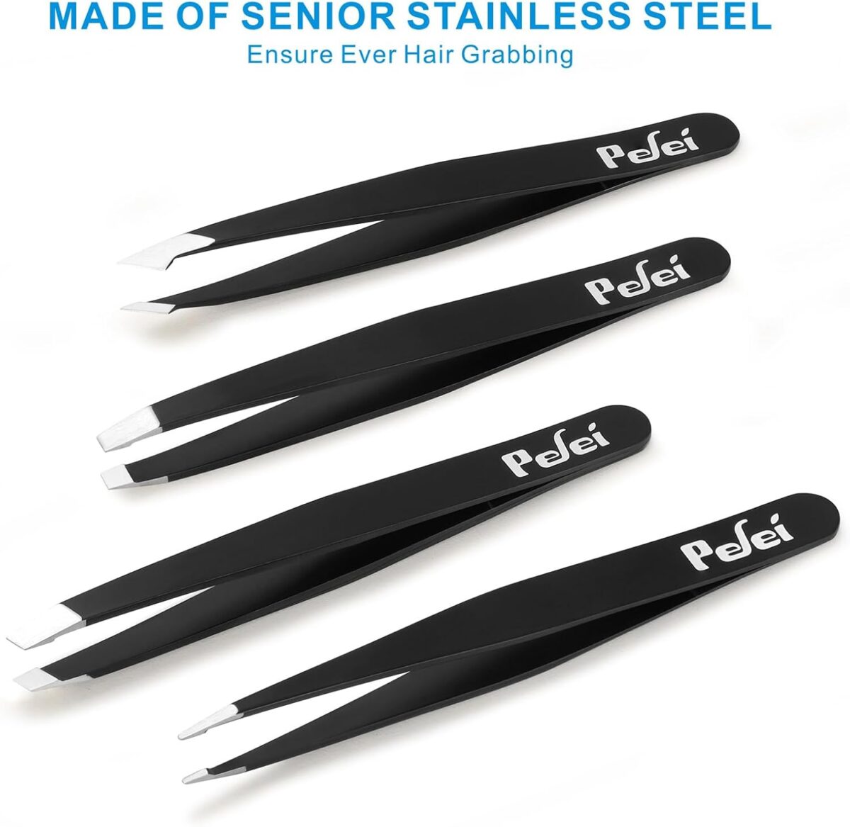 Pefei Tweezers Set - Professional Stainless Steel Tweezers for Eyebrows - Great Precision for Facial Hair, Splinter and Ingrown Hair Removal (Black) - Image 4