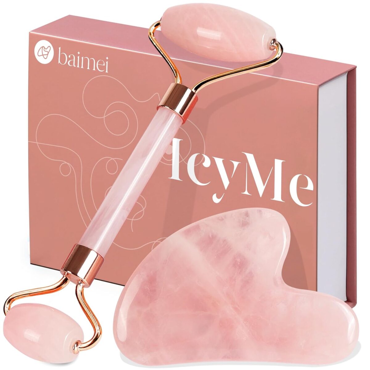 BAIMEI IcyMe Jade Roller & Gua Sha, Face Roller Redness Reducing Skin Care Tools, Self Care Pink Gift for Men Women, Massager for Face, Eyes, Neck, Relieve Fine Lines and Wrinkles - Rose Quartz - Image 1