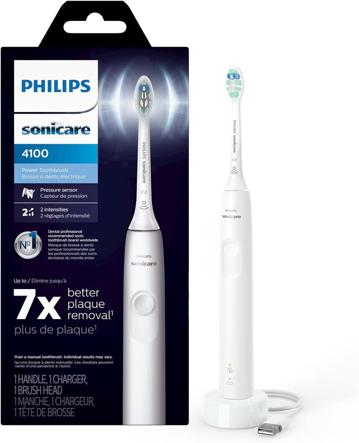 Philips Sonicare 4100 Rechargeable Electric Toothbrush, with Pressure Sensor, 2 Intensity Settings, SmarTimer and QuadPacer, 14-Day Battery Life, White, Model HX3681/23 - Image 1