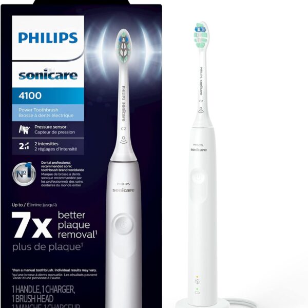 Philips Sonicare 4100 Rechargeable Electric Toothbrush, with Pressure Sensor, 2 Intensity Settings, SmarTimer and QuadPacer, 14-Day Battery Life, White, Model HX3681/23