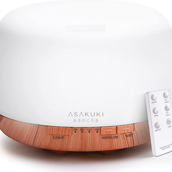 ASAKUKI Essential Oil Diffuser 500ml, Ultrasonic Aromatherapy Humidifier with Remote Control, 7 LED Colors, Timer & Auto-Off, Large Room Diffuser
