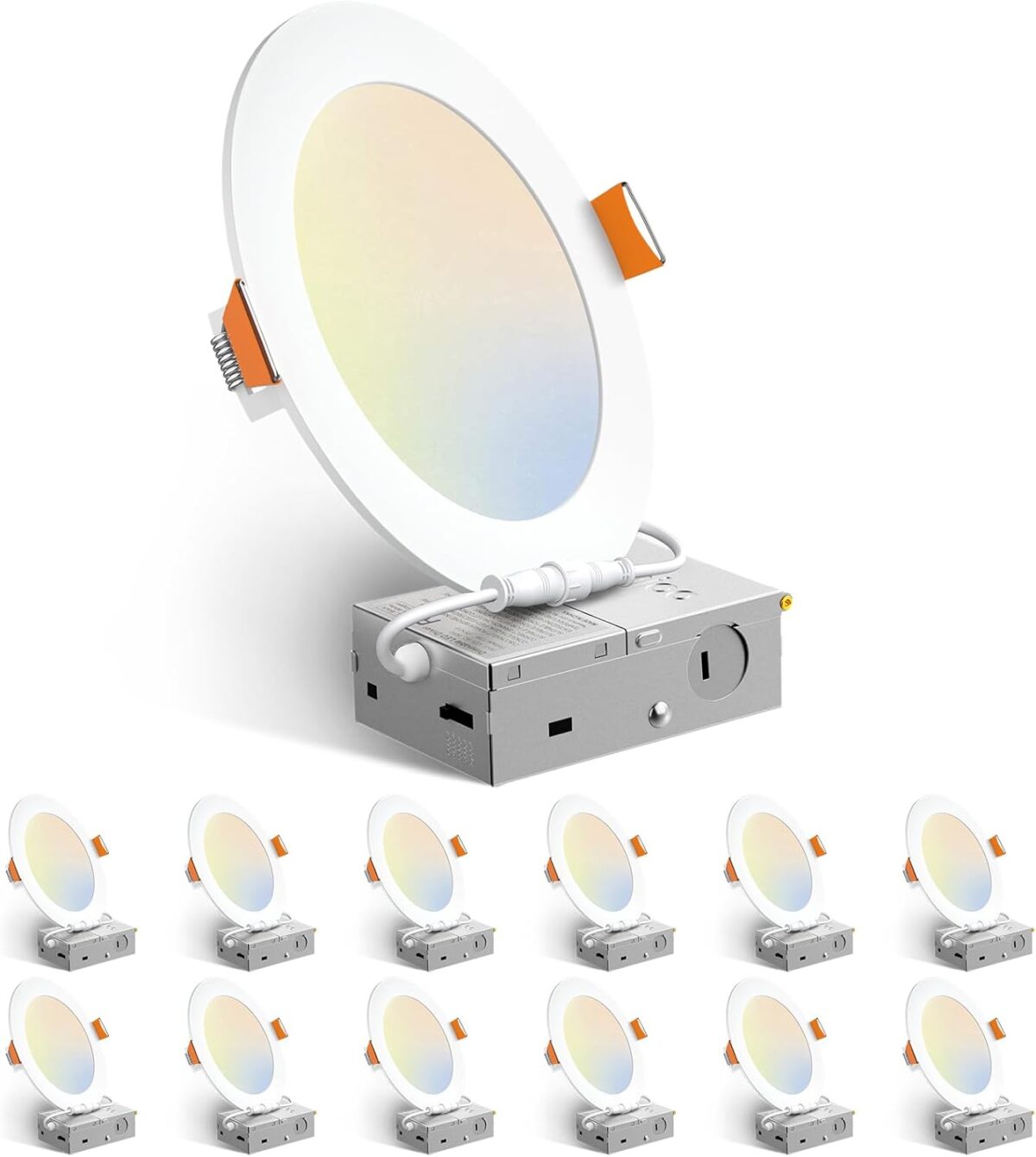 Amico 12 Pack 6 Inch 5CCT Ultra-Thin LED Recessed Ceiling Light with Junction Box, 1050LM Brightness, Dimmable Canless Wafer Downlight, 12W, ETL&FCC - Image 1