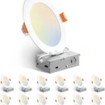 Amico 12 Pack 6 Inch 5CCT Ultra-Thin LED Recessed Ceiling Light with Junction Box, 1050LM Brightness, Dimmable Canless Wafer Downlight, 12W, ETL&FCC