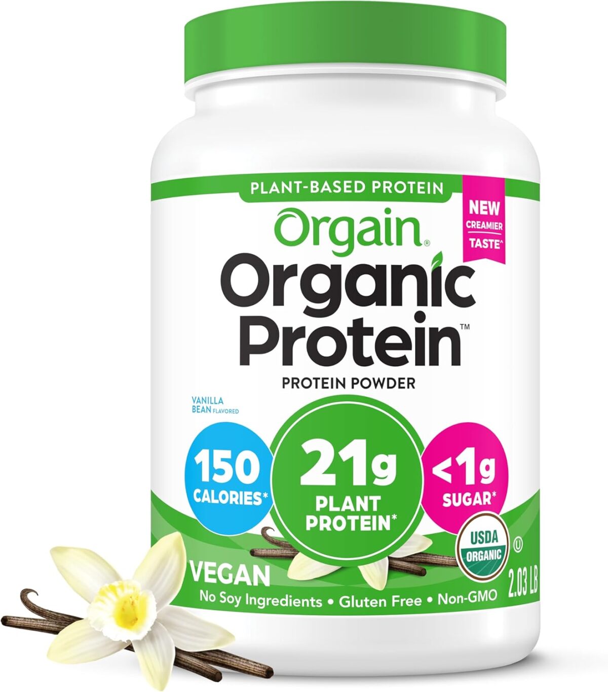 Orgain Organic Vegan Protein Powder, Vanilla Bean - 21g Plant Protein, 6g Prebiotic Fiber, No Lactose Ingredients, No Added Sugar, Non-GMO, For Shakes & Smoothies, 2.03 lb (Packaging May Vary) - Image 1