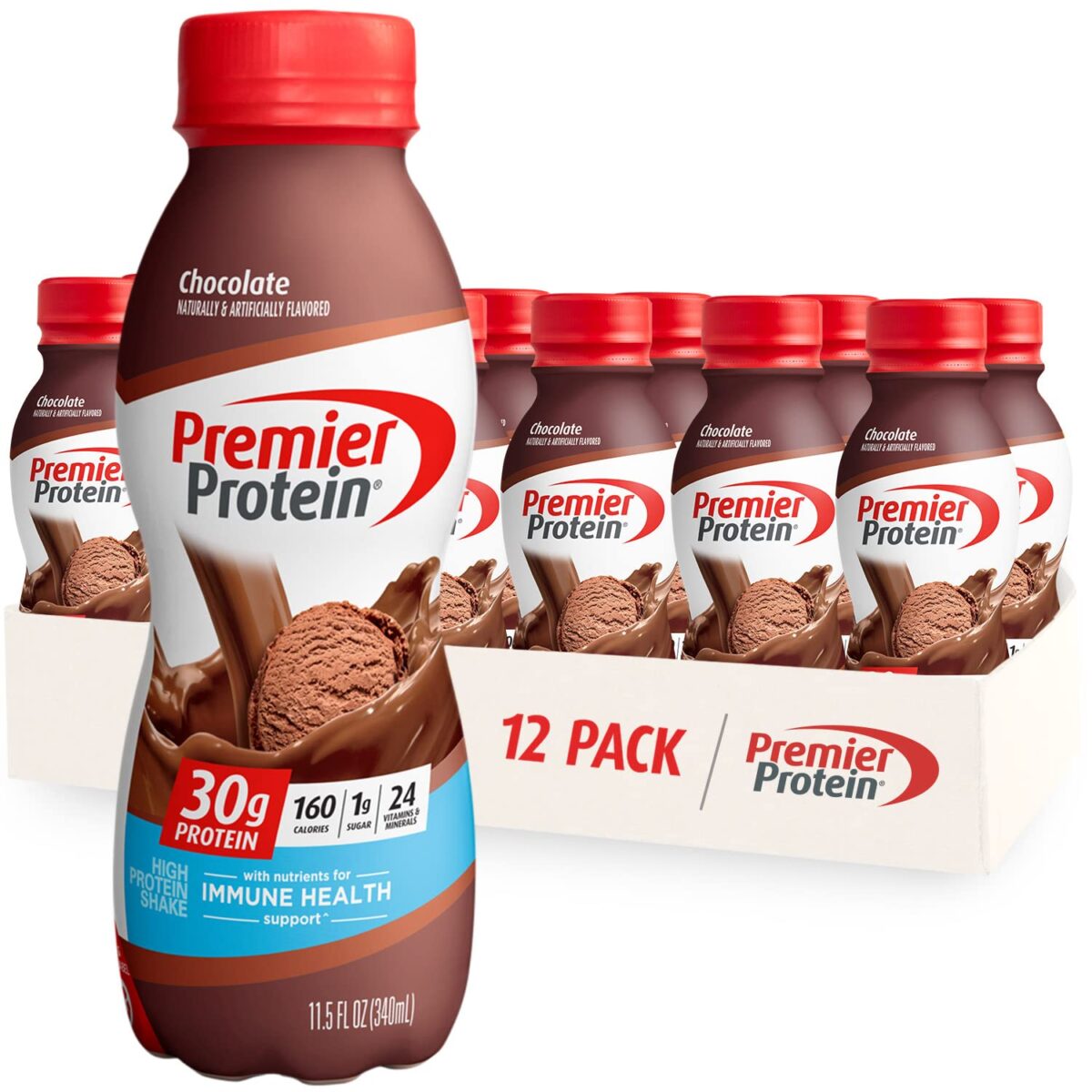 Premier Protein Shake, Chocolate, 30g Protein 1g Sugar 24 Vitamins Minerals Nutrients to Support Immune Health, 11.5 fl oz (Pack of 12) - Image 1