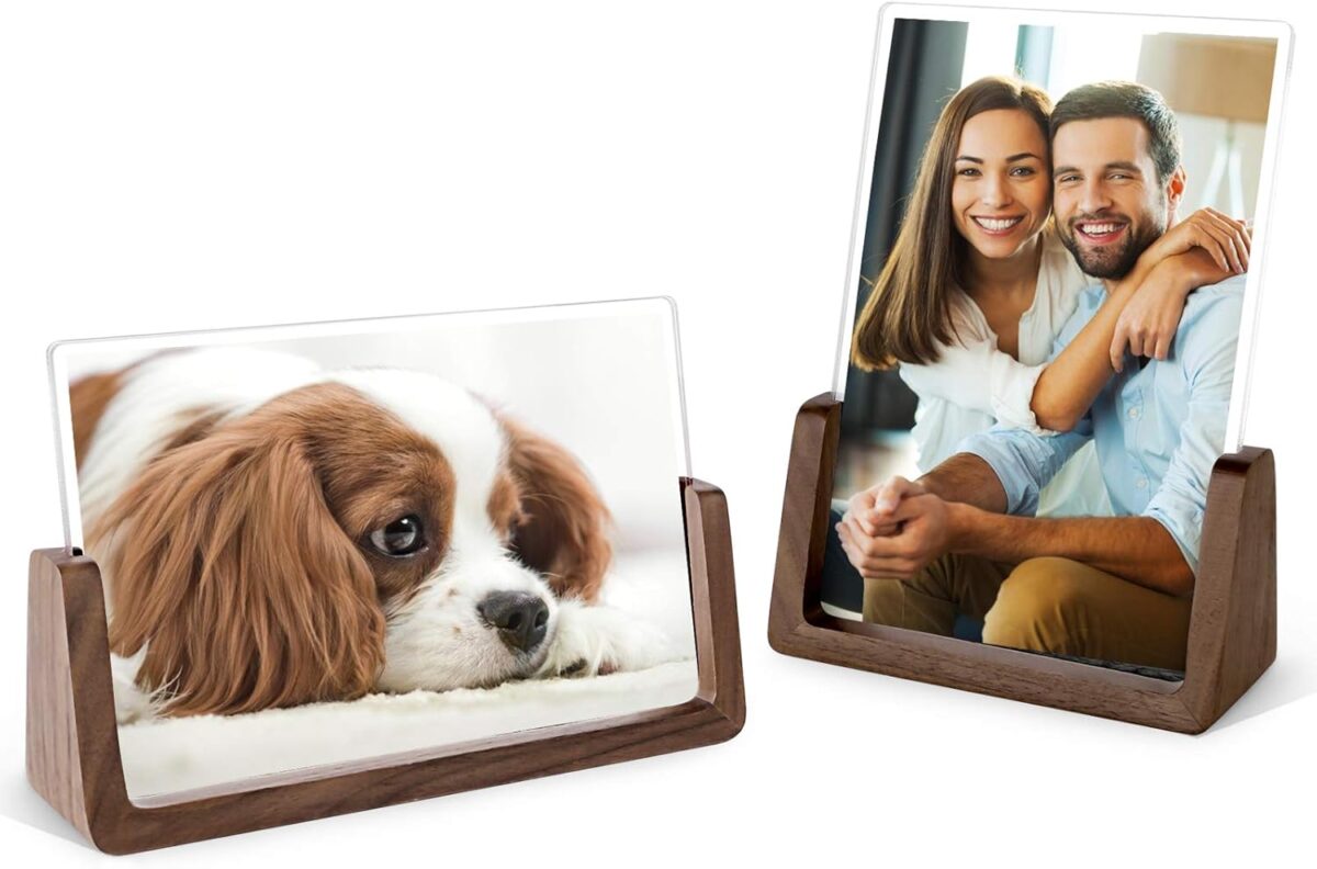 Mixoo 4x6 Wood Photo Picture Frame 2 Pack - Rustic Wooden Picture Frame with Walnut Wood Base and High Definition Break Free Acrylic Covers for Tabletop or Desktop Display (Horizontal + Vertical) - Image 1