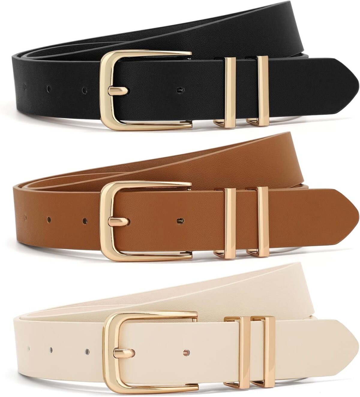 XZQTIVE 3 Pack Women Belts For Jeans Dresses Pants Ladies Leather Waist Belt with Gold Buckle - Image 1