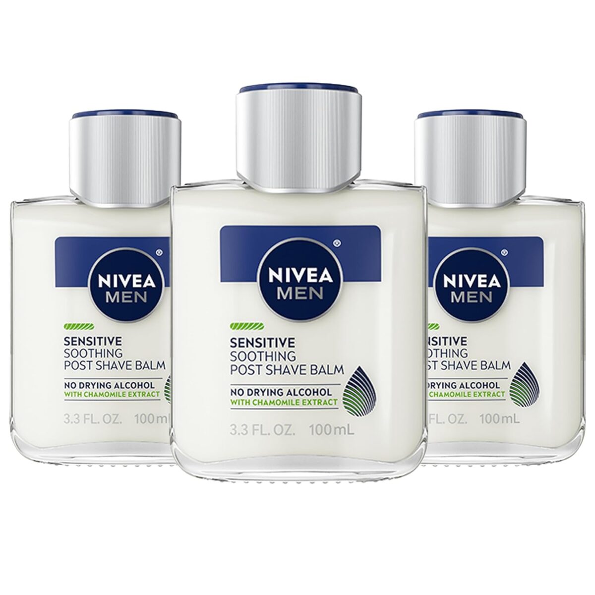 Nivea Men Sensitive Soothing Post Shave Balm with Vitamin E, Pro-Vitamin B5 and Chamomile Extract, Alcohol Free After Shave Balm for Men, 3 Pack of 3.3 Fl Oz Bottles - Image 1