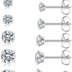 6 Pairs Stud Earrings Set, Hypoallergenic Cubic Zirconia 316L Earrings Stainless Steel CZ Earrings 3-8mm (Steel color)