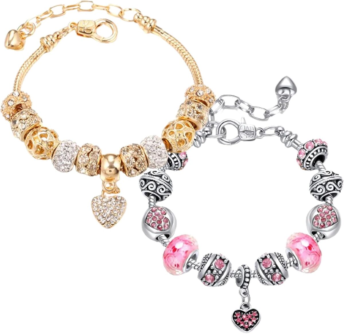 2 Pack Charm Bracelets Pink and Gold Heart Silver Plated Charm Bracelet, DIY Jewelry for Women Gifts, with Beads, Crystal, Charms, Love and Adjustable Snake Chain, Fits 7.5"+1.5" - Image 1