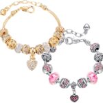 2 Pack Charm Bracelets Pink and Gold Heart Silver Plated Charm Bracelet, DIY Jewelry for Women Gifts, with Beads, Crystal, Charms, Love and Adjustable Snake Chain, Fits 7.5"+1.5"