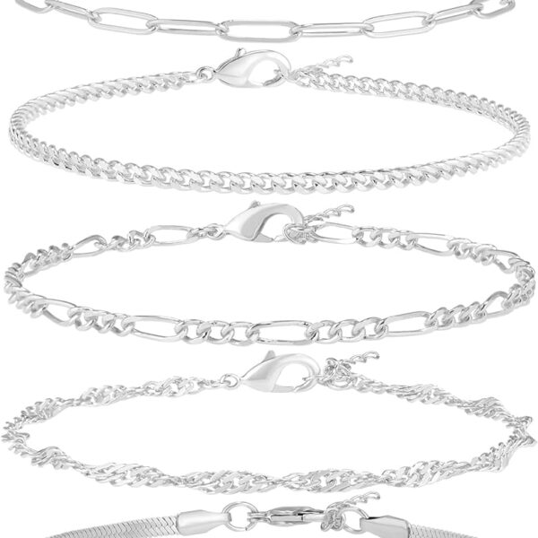 Reoxvo Dainty Bracelets for Women Trendy, Sterling Silver Plated Brass Link Chain Charm Bracelet Set for Women Stack 14K Gold Plated Brass Link Bracelets Jewelry Gift for Women