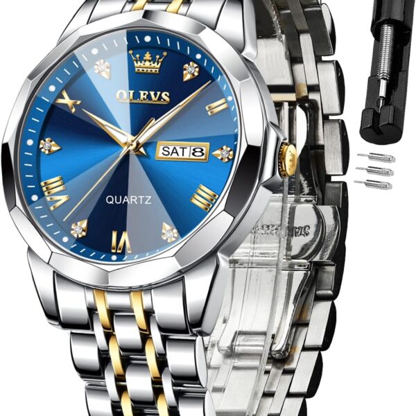 OLEVS Watch for Men Diamond Business Dress Analog Quartz Stainless Steel Waterproof Luminous Date Two Tone Luxury Casual Wrist Watch