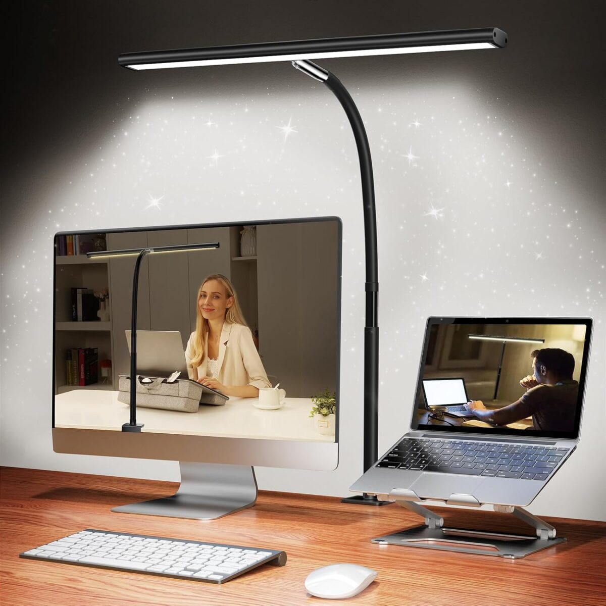 LED Desk Lamp for Office Home, Eye-Caring Desk Light with Stepless Dimming Adjustable Flexible Gooseneck, 10W USB Adapter Desk Lamp with Clamp for Reading, Study, Workbench (Black) - Image 1
