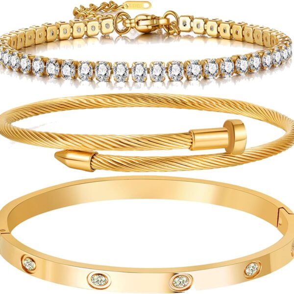 A D. ALLEN & DANMI. 18 K Gold Plated Love Bangle Bracelet Set Flexible Wide Wristband Bangle Bangle Set for Love