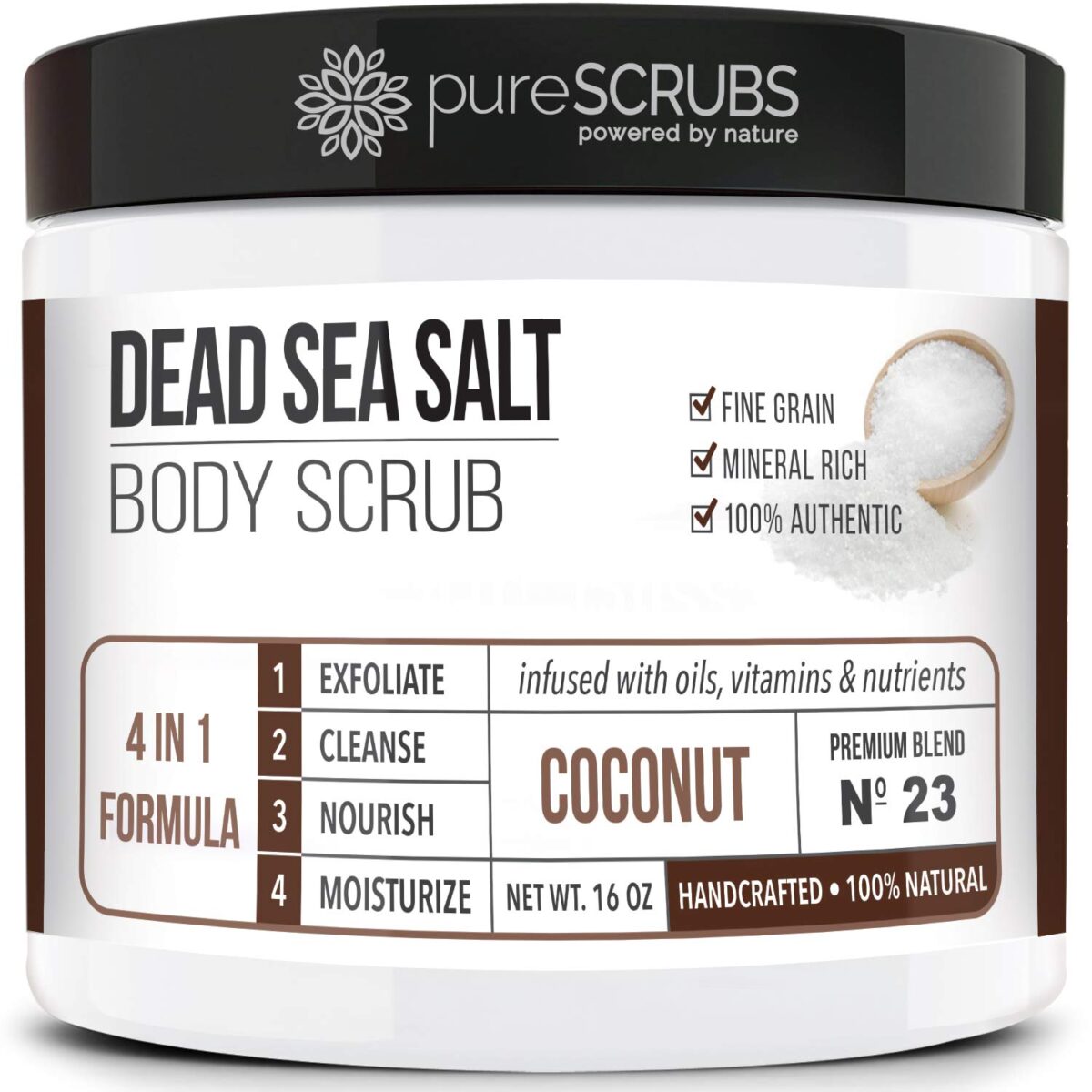 pureSCRUBS Premium Coconut Body Scrub Set - Large 16oz Dead Sea Salt Body Scrub With Infused Essential Oils & Nutrients, Includes Wooden Spoon, Loofah & Oatmeal Exfoliating Bar Soap - Image 1