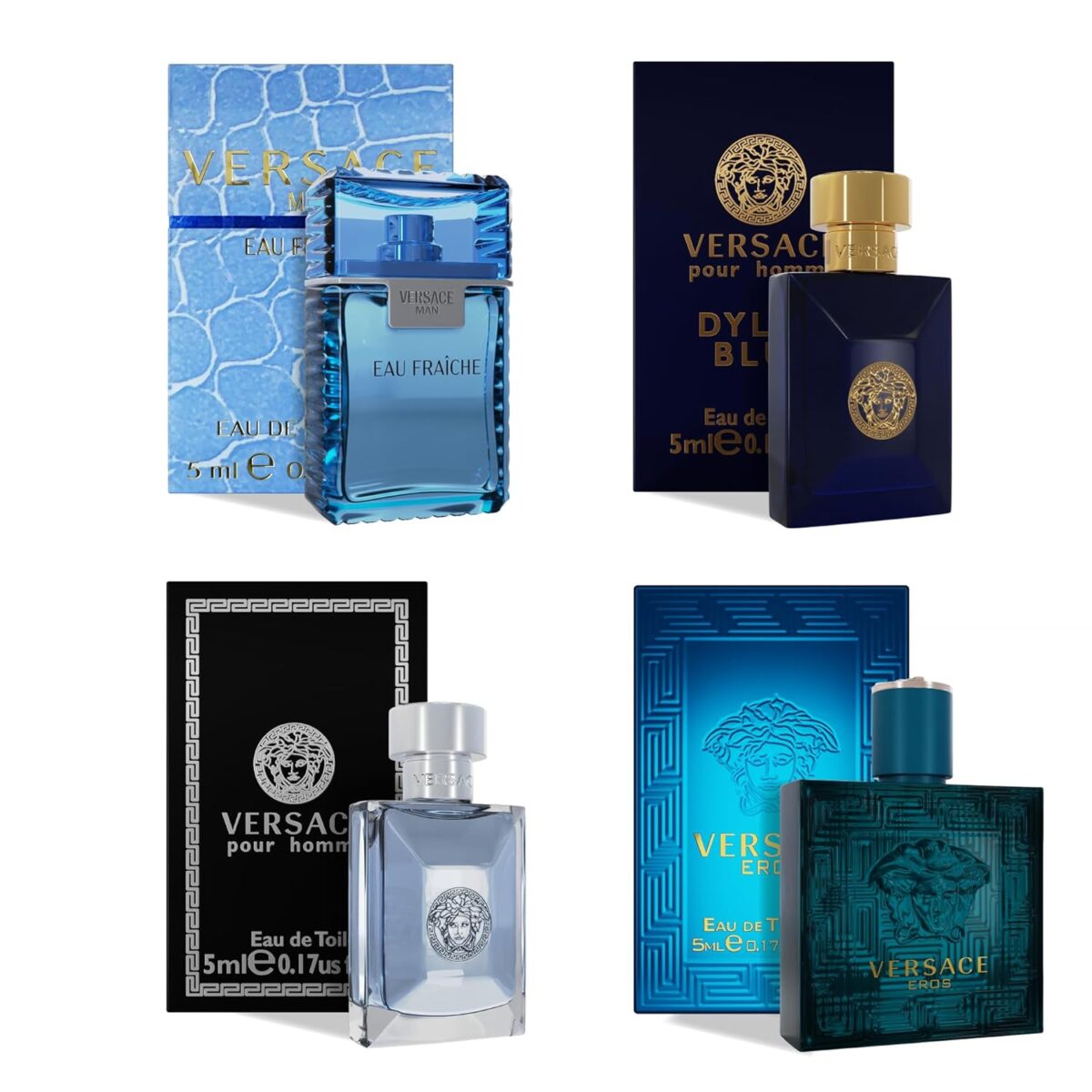 Versace Cologne for Men Set of 4 Mini Eros, Pour Homme, Dylan Blue, Eau Fraiche Perfume for Men Fragrance Sampler Set - Designer Mens Cologne Samples (4 Count, 0.17 oz) - Image 1