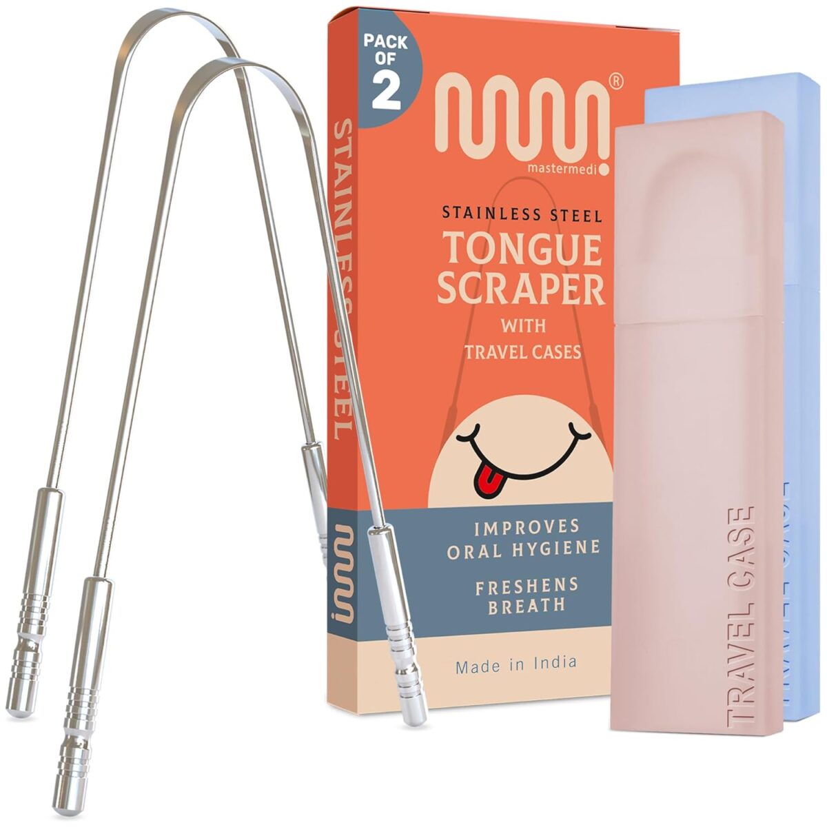 MasterMedi Tongue Scraper for Adults with Multicolor Travel Cases (2 Pack), 100% Stainless Steel, Reduce Bad Breath, Tongue Scrubber, Easy to Use, Tongue Cleaner for Oral Care & Hygiene - Image 1