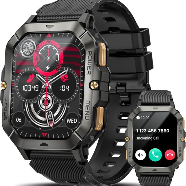Military Smart Watches for Men (Answer/Make Calls), 2.02'' Fitness Smart Watch for Android and iPhone, Waterproof Fitness Tracker with Blood Pressure/Heart Rate/Sleep/100+ Sport Modes, Watches for Men