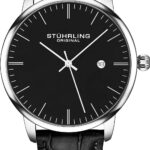 Stuhrling Original Mens Black Watch Calfskin Leather Strap Classic Dress Wrist Watch Minimalist Analog Watch Dial with Date Mens Black Watch