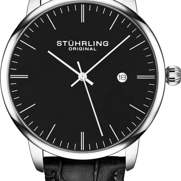Stuhrling Original Mens Black Watch Calfskin Leather Strap Classic Dress Wrist Watch Minimalist Analog Watch Dial with Date Mens Black Watch