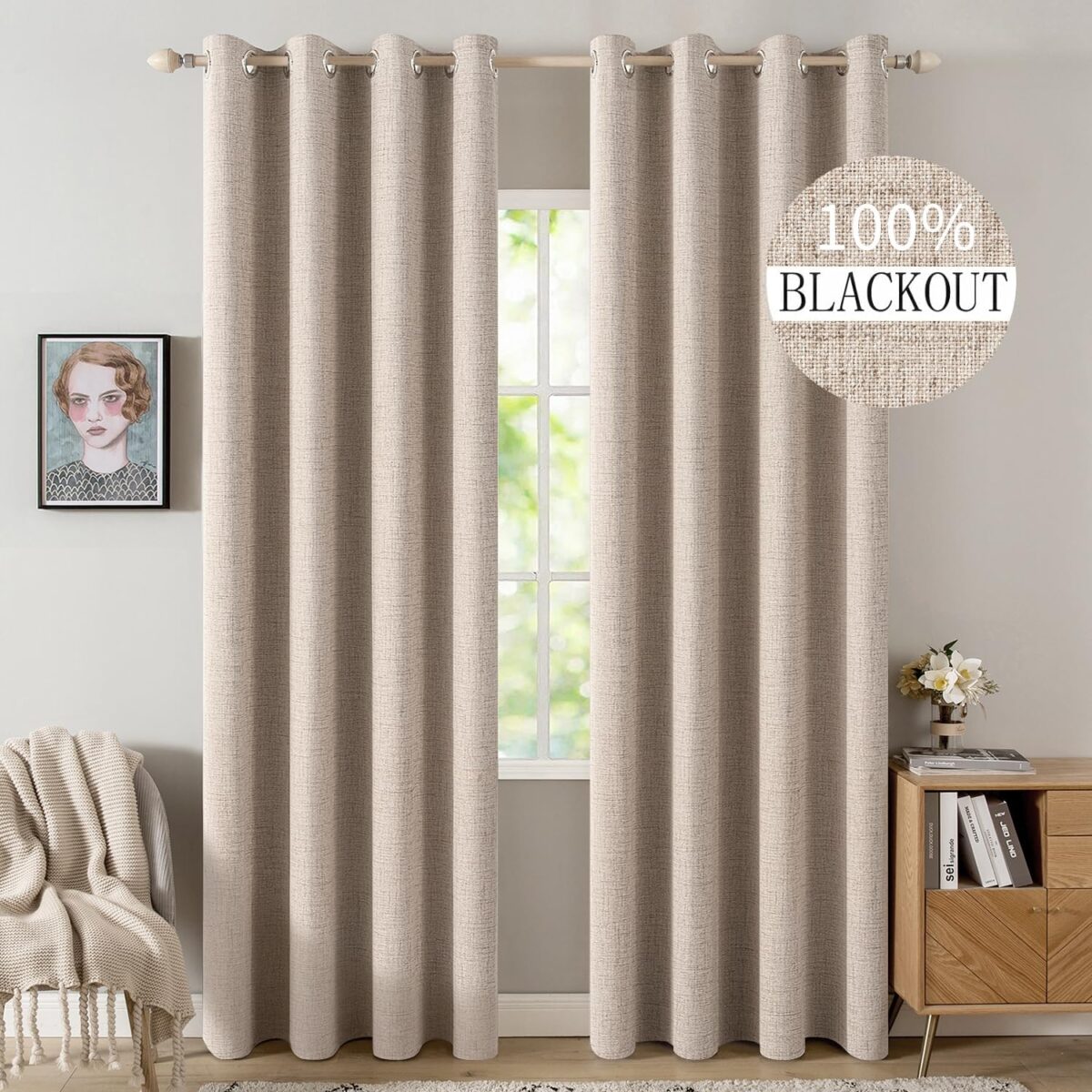 MIULEE 100% Blackout Linen Textured Curtains for Bedroom Solid Thermal Insulated Natural Beige Grommet Room Darkening Curtains & Drapes Luxury Decor for Living Room Nursery 52 x 84 Inch (2 Panels) - Image 1