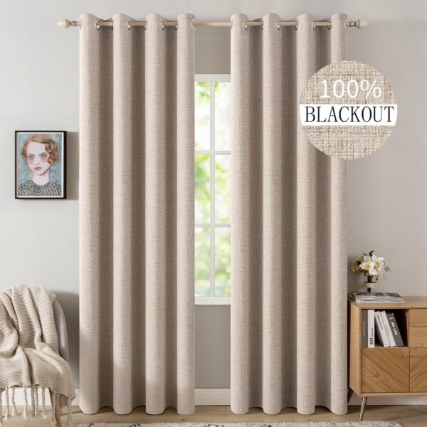 MIULEE 100% Blackout Linen Textured Curtains for Bedroom Solid Thermal Insulated Natural Beige Grommet Room Darkening Curtains & Drapes Luxury Decor for Living Room Nursery 52 x 84 Inch (2 Panels)