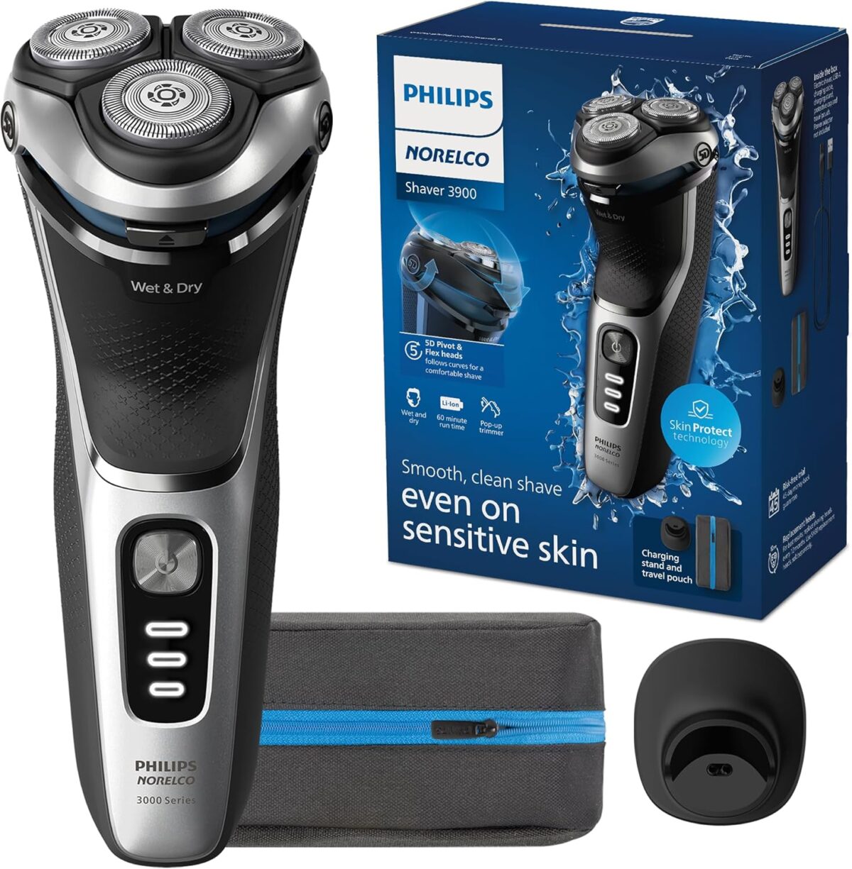 Philips Norelco Shaver 3900 Series, Wet and Dry Electric Shaver, P-Cap, Travel Pouch, Charging Stand, Storm Blue, Model S3341/92 - Image 1