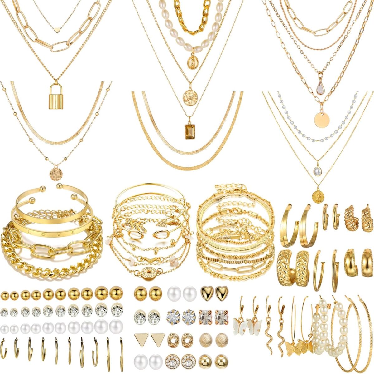 NEWITIN 69 Pieces Gold Jewelry Set for Women Fashion Costume Jewelry Gold Plated Necklace Bracelet Earrings Set for Women - Image 1