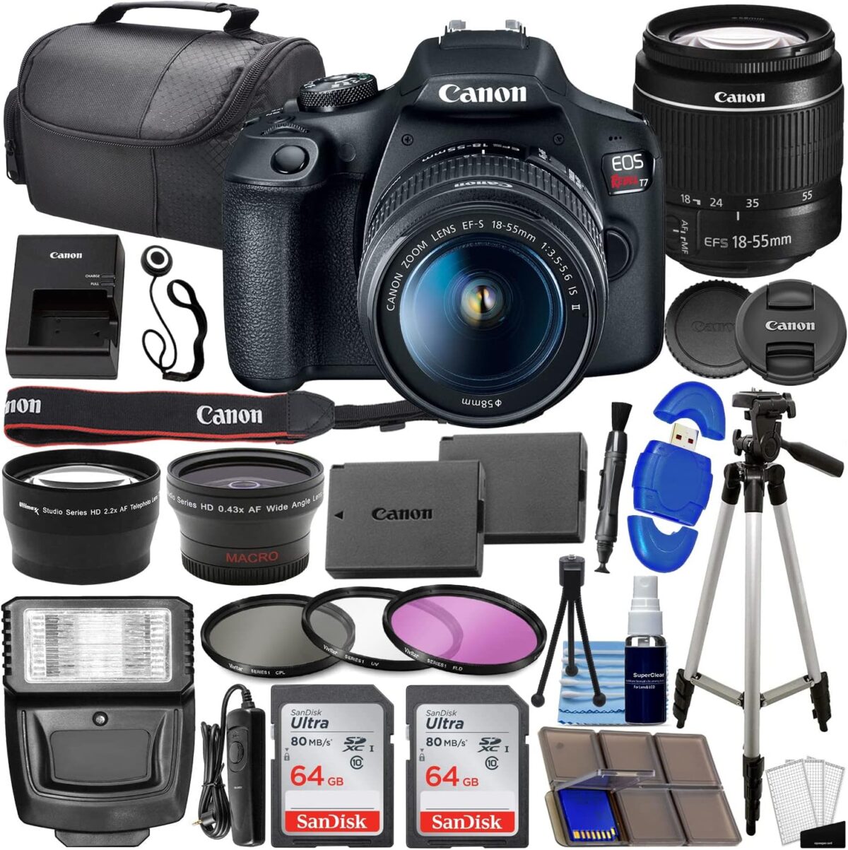 Canon EOS Rebel T7 DSLR Camera Bundle w/ Canon EF-S 18-55mm f/3.5-5.6 is II Lens + 2pc SanDisk 64GB Memory Cards, Wide Angle Lens, Telephoto Lens, 3pc Filter Kit + Accessory Kit - Image 1