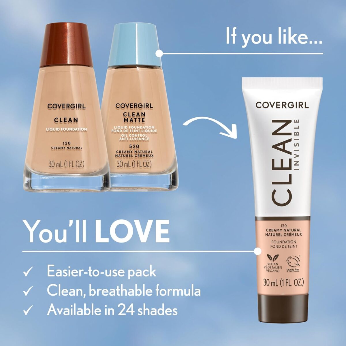 COVERGIRL Clean Invisible Foundation Makeup, Dewy & Glowy Finish, Buildable Coverage, Skin-Like Smooth Look, Vegan, Creamy Natural, 1oz - Image 2