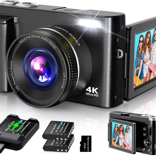 4K Digital Camera for Photography Autofocus, 2024 Latest 48MP Vlogging Camera for YouTube with SD Card, 2 Batteries, 3" 180Flip Screen Compact Travel Camera for Teens with 16X Zoom, Anti-Shake,Black