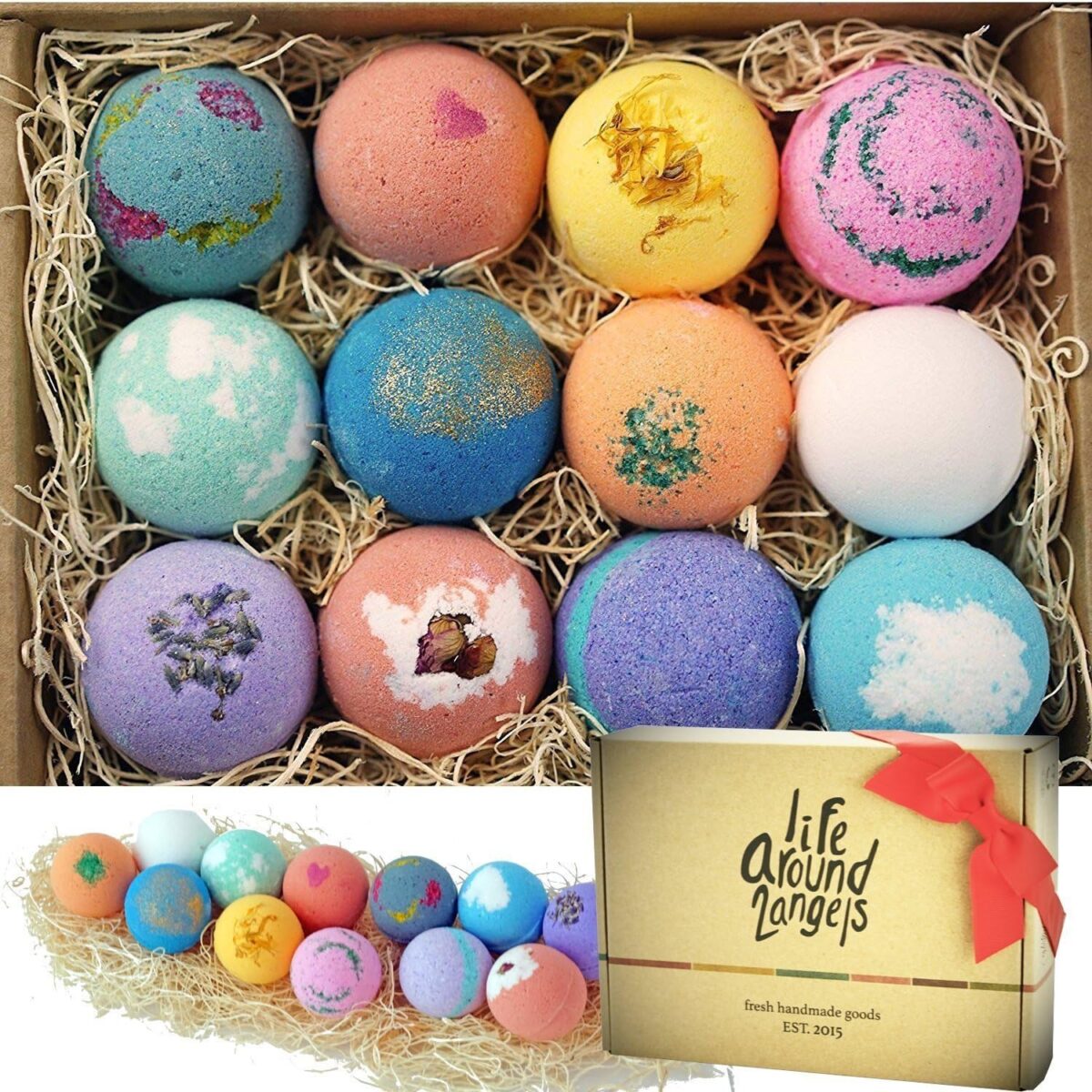 LifeAround2Angels Bath Bombs Gift Set 12 USA made Fizzies, Shea & Coco Butter Dry Skin Moisturize, Perfect for Bubble Spa Bath. Handmade Birthday Mothers day Gifts idea For Her/Him, wife, girlfriend - Image 1