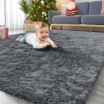 OLANLY Area Rugs for Living Room Bedroom, Machine Washable 4' x 5'11" Soft Fluffy Shaggy Bedside Rug, Indoor Floor Carpet for Kids Girls and Boys, Dorms, Nursery Rooms, Home Decor Aesthetic, Grey