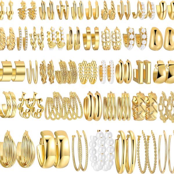 42 Pairs Gold Hoop Earrings Set for Women, Fashion Chunky Pearl Earrings Multipack Twisted Statement Earring Pack, Hypoallergenic Small Big Hoops Earrings for Birthday Party