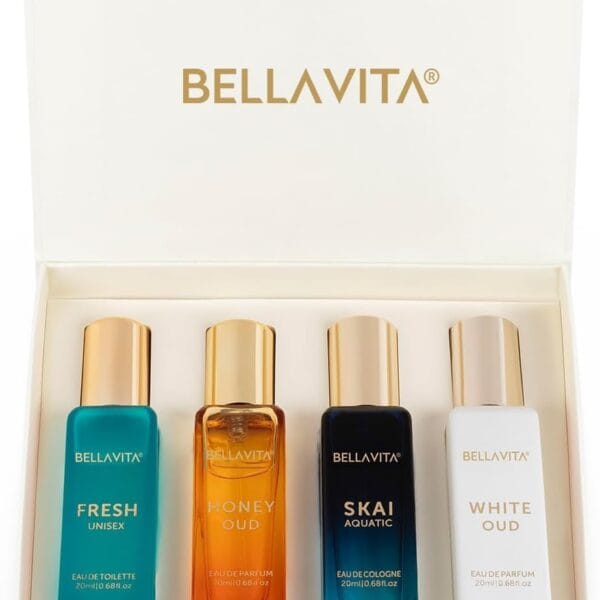 BellaVita Luxury Unisex Cologne Gift Set (4x20ml) | Fragrances Includes Honey OUD, SKAI, FRESH & White OUD | Body Mist Mini Perfumes & Spicy Vanilla Perfume Oil | Unisex Perfume for women & Men