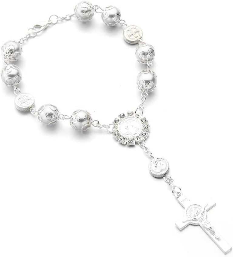 Car Rosary for Rearview Mirror, Personalized Rear View Cross Blessing Beads Decor, Auto Rearview Catholic Rosary Hanging Pendant, Interior Men Women Car Accessories (Silver)