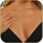 Lariat Gold Necklace for Women, Dainty Long Necklace 14k Gold Plated/Silver Y-Shaped Layered Beaded Chain Drop Necklaces for Women Trendy Simple Gold Jewelry for Women Gifts
