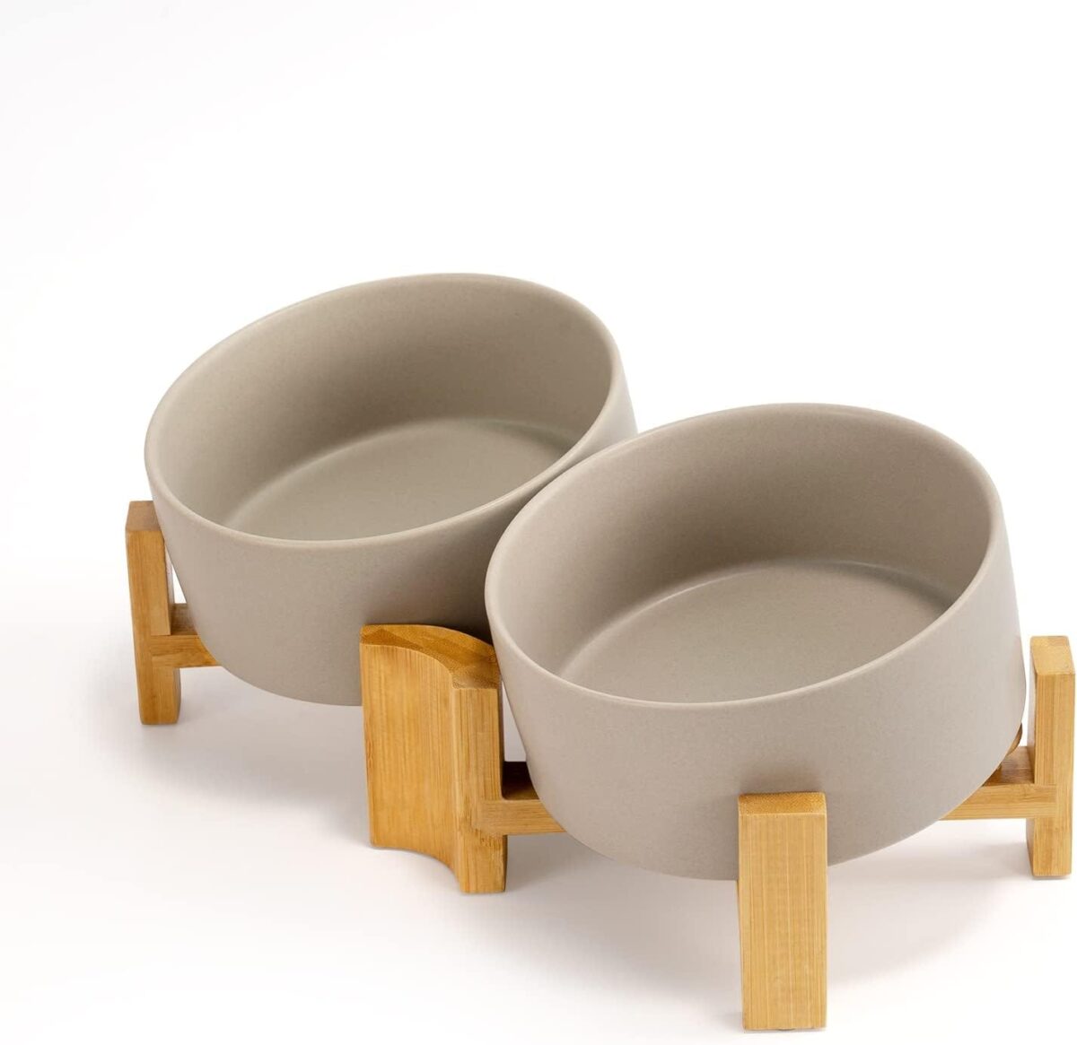 Slanted Ceramic Dog and Cat Bowl with Wooden Stand - Image 1