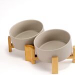 Slanted Ceramic Dog and Cat Bowl with Wooden Stand