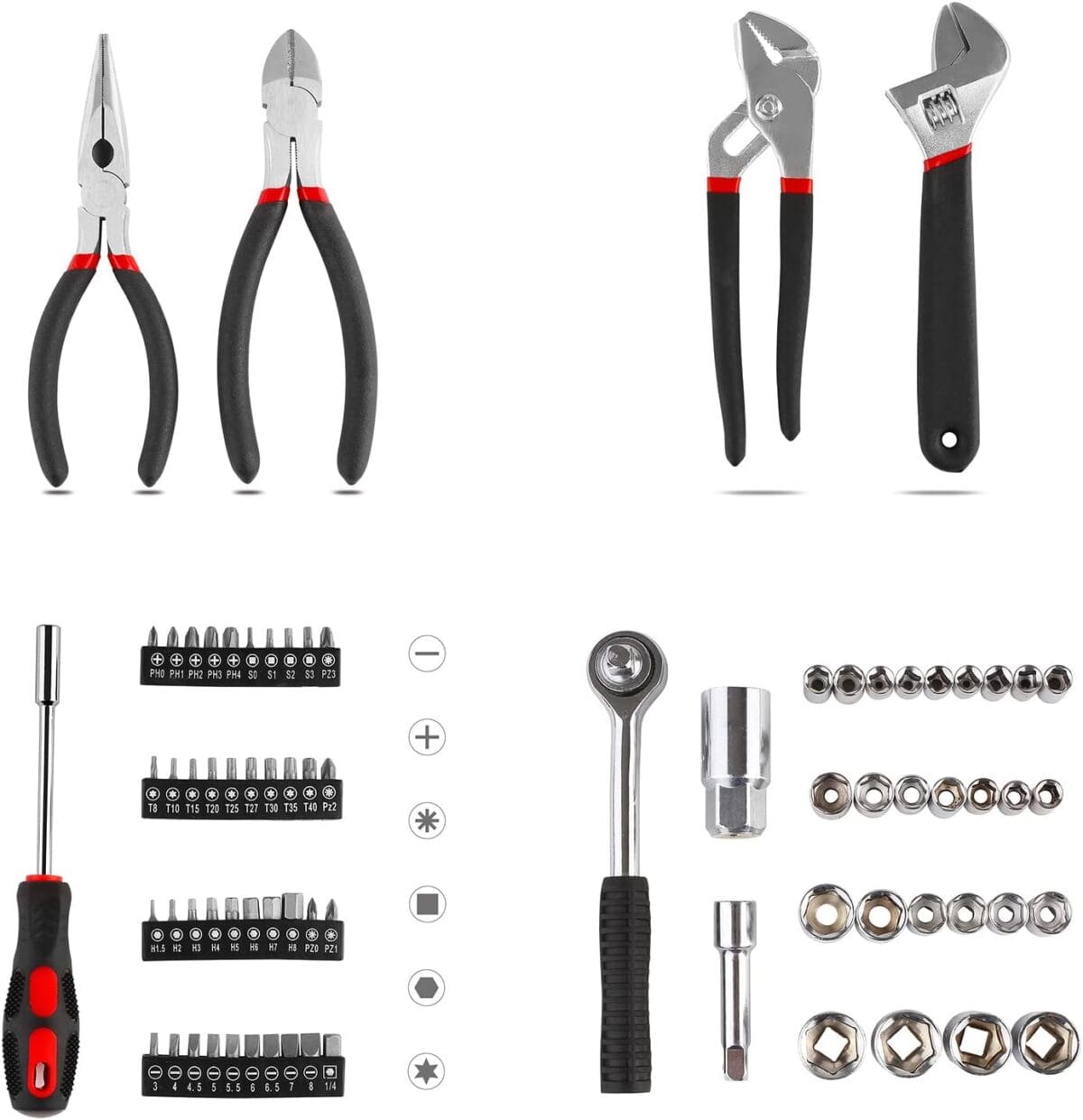 TLGREEN 95 Piece Tool Set, Tool Kit, Mechanics Tool Set, Portable Toolbox with Adjustable Wrench Pliers Socket Bits, with Plastic Toolbox, for House Apartment Garage (Red)