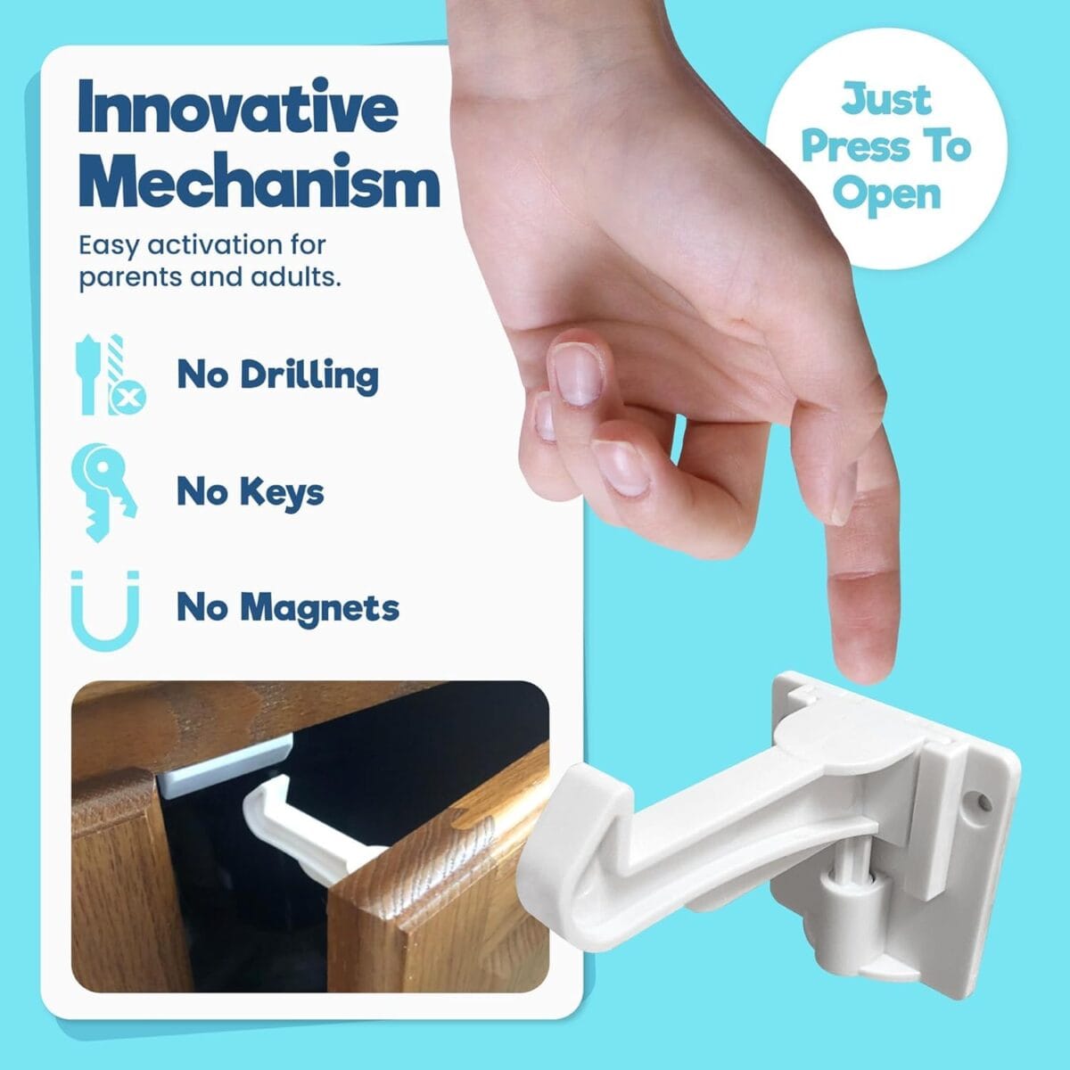 Upgraded Invisible Baby Proofing Cabinet Latch Locks (10 Pack) – No Drilling or Tools Required for Installation, Works with Most Cabinets and Drawers, Works with Countertop Overhangs, Highly Secure