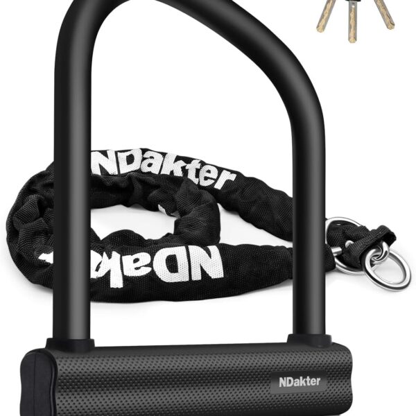 NDakter Bike Locks Heavy Duty Anti Theft 18mm Thick, Motorcycle U Lock with 4FT/120cm x 6mm Chain for Scooter, 3Keys Large U-Shaped Motorcycle Wheel Lock for Ebike, Moped, Fat-Tire,Tribike