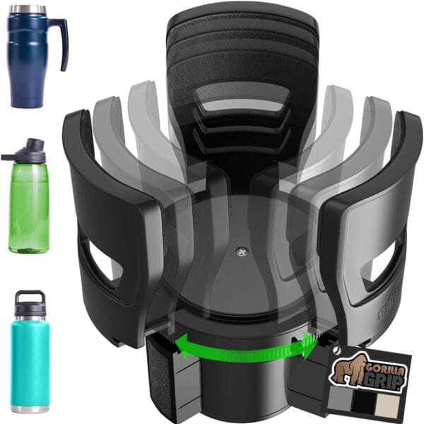 GORILLA GRIP Patent Pending Car Cup Holder Expander, Keeps Large Drink Cups Secure, Expander Fits Yeti, HydroFlask, Stanley 18 to 48oz Large Water Bottles, Coffee Mug, Adjustable Arms Insert, Black